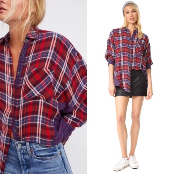 Free People Tops - Free People Oversize Long Dolman Sleeve Plaid Top